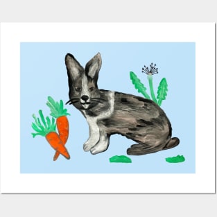 Rabbit with Carrots and Dandelions Blue Paintin Posters and Art